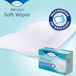 Jemné utierky TENA Soft Wipes - Nevlhčená umývacia utierka, ideálne na inkontinenčnú starostlivosť