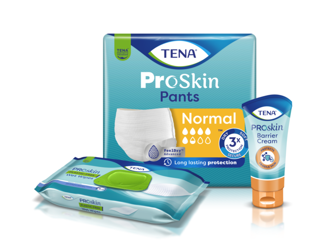 Asortiman TENA ProSkin proizvoda koji obuhvaća TENA upijajuće proizvode, TENA vlažne maramice, TENA zaštitnu kremu i TENA kremu s cinkom.