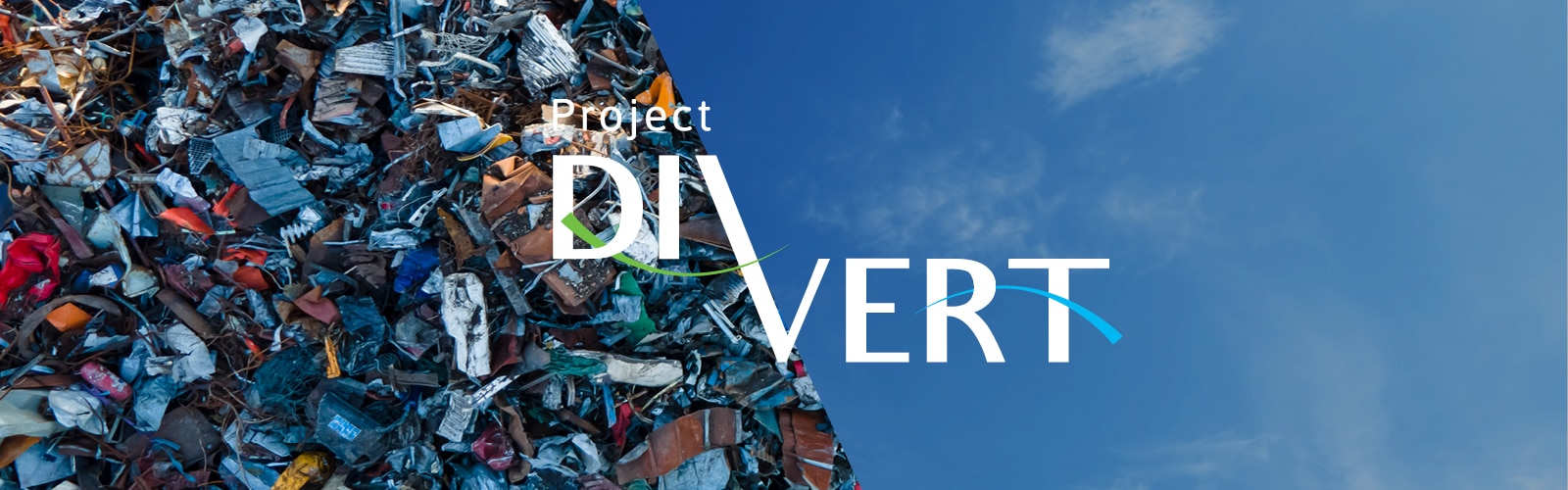 Image with a pile of waste on the left and a clear blue sky on the right. The text 'Project DIVERT' is overlaid on the image, with the word 'DIVERT' highlighted by a graphic line symbolizing movement or change.