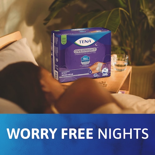 TENA Overnight underwear shown on top of a photo of a resting woman on a sofa. A text underneath reads "worry free nights". 