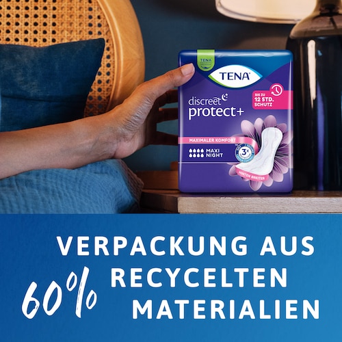 TENA Discreet Protect+ Maxi Night aus 60% recycelten Materialien