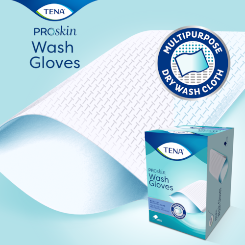 TENA ProSkin Wash Gloves z nieprzemakalną warstwą foliową zakrywa całą dłoń, zapewniając higieniczne oczyszczanie – idealne w przypadku opieki przy nietrzymaniu moczu