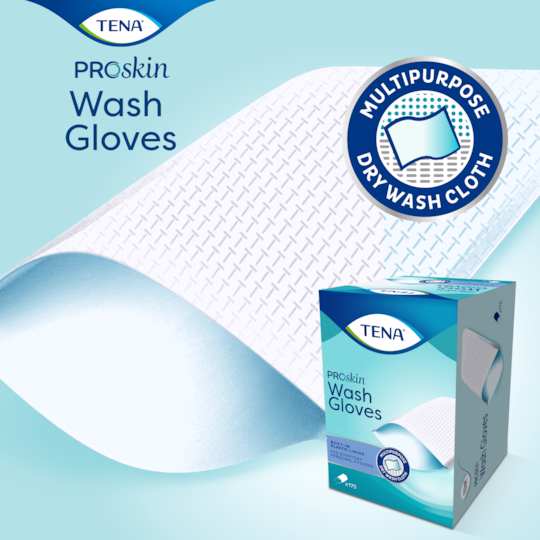 Le gant TENA Wash Gloves ProSkin plastifié couvre toute la main pour un nettoyage hygiénique idéal pour les soins liés à l’incontinence