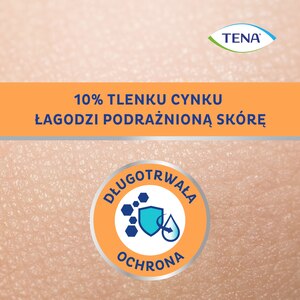 Logo z niebieskim motywem i certyfikatem dermatologicznym przedstawiające zalety kremu z cynkiem TENA SkinCare