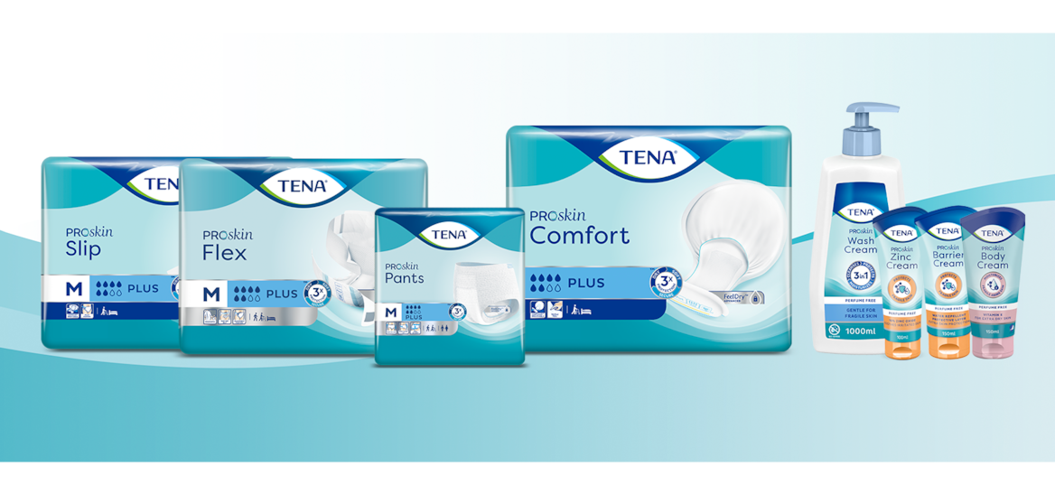 Förhandsgranskningar av TENA ProSkin Pants, TENA ProSkin Hudvårdsprodukter, TENA ProSkin Comfort och TENA ProSkin Slip.