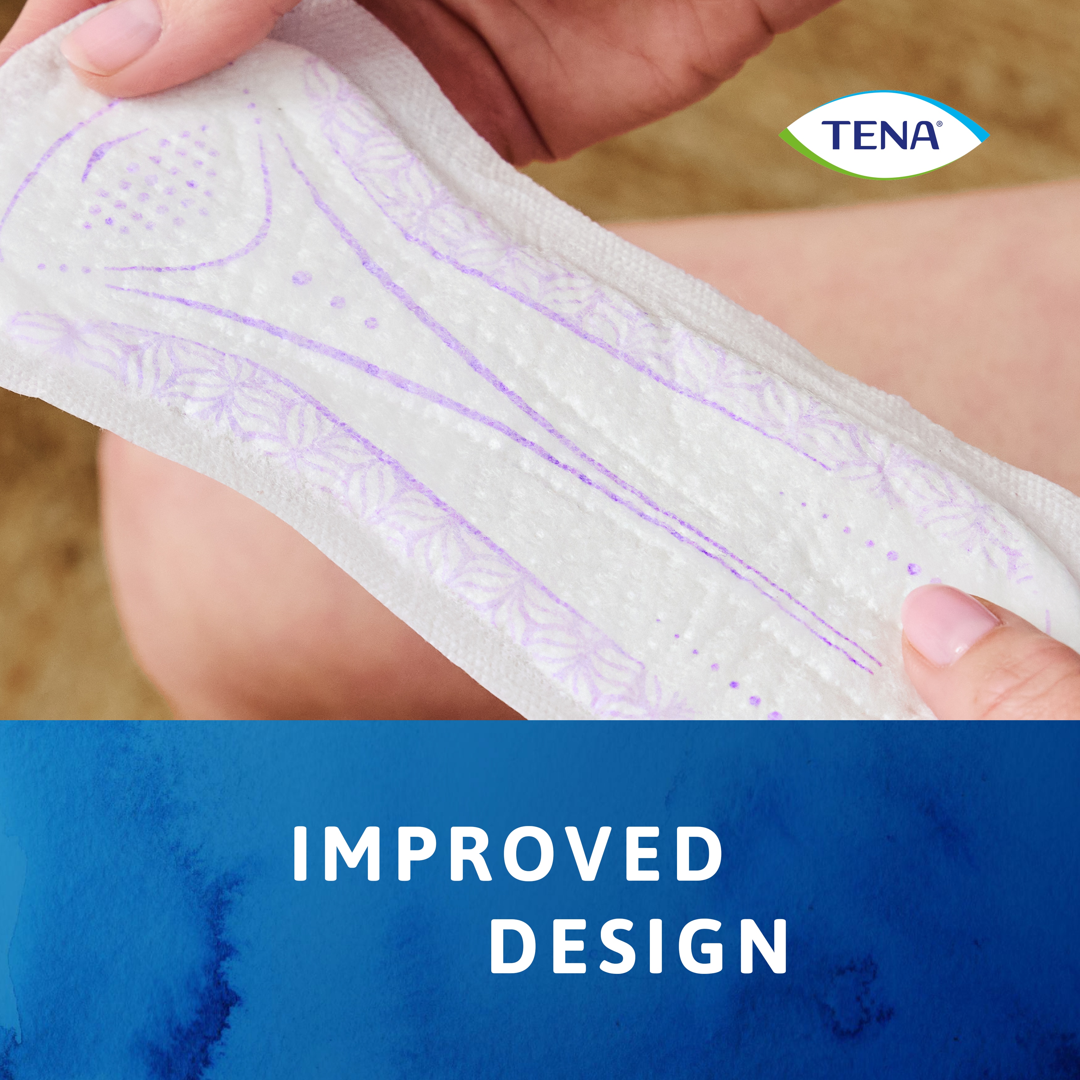 Close up image of person holding the TENA Discreet Ultra pad with the caption "improved design"