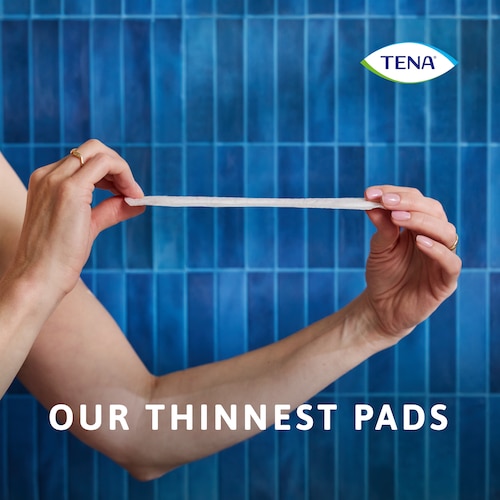 Person holding the TENA Discreet Ultra pad to demonstrate how thin it is, with the caption "our thinnest pads"