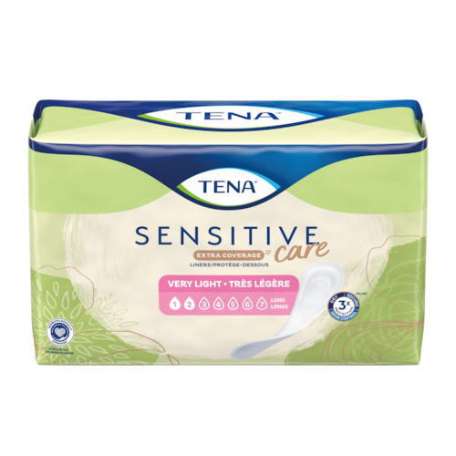 Vue de face d’un emballage de protège-dessous TENA Sensitive Care Extra Coverage à absorption très légère
