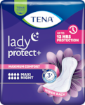 Opakowanie podpasek TENA Lady Protect+ Maxi Night, zapewniających maksymalny komfort i ochronę do 12 godzin.