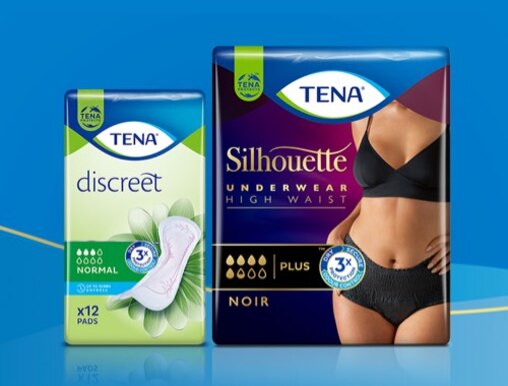 Image montrant un paquet TENA Discreet Normal et un paquet de culottes absorbantes TENA Silhouette.