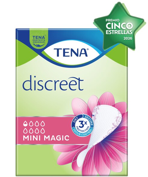 Envase de TENA Discreet Mini Magic con distintivo Premio Cinco Estrellas 2026