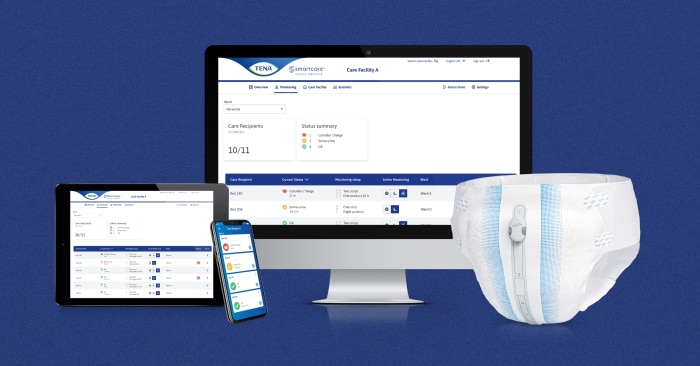 Der TENA SmartCare Change Indicator ist eine der digitalen Gesundheitslösungen von TENA. Er zeigt Pflegekräften an, wann es an der Zeit ist, Inkontinenzprodukte zu wechseln