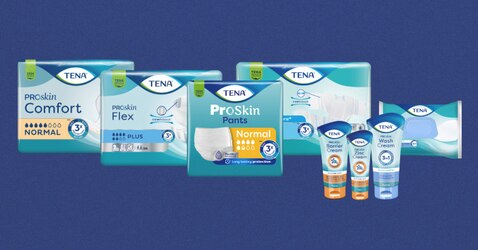 Uma seleção de produtos para incontinência TENA ProSkin e produtos para cuidados da pele TENA