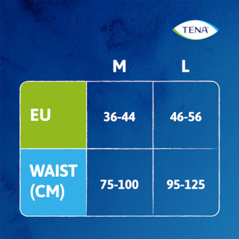 Size guide for the TENA Lady underwear