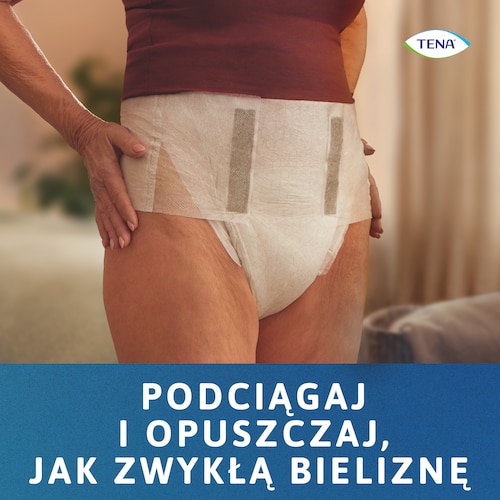 Kobieta ubrana w TENA Stretch - produkt który możesz podciągać i opuszczać jak zwykłą bieliznę