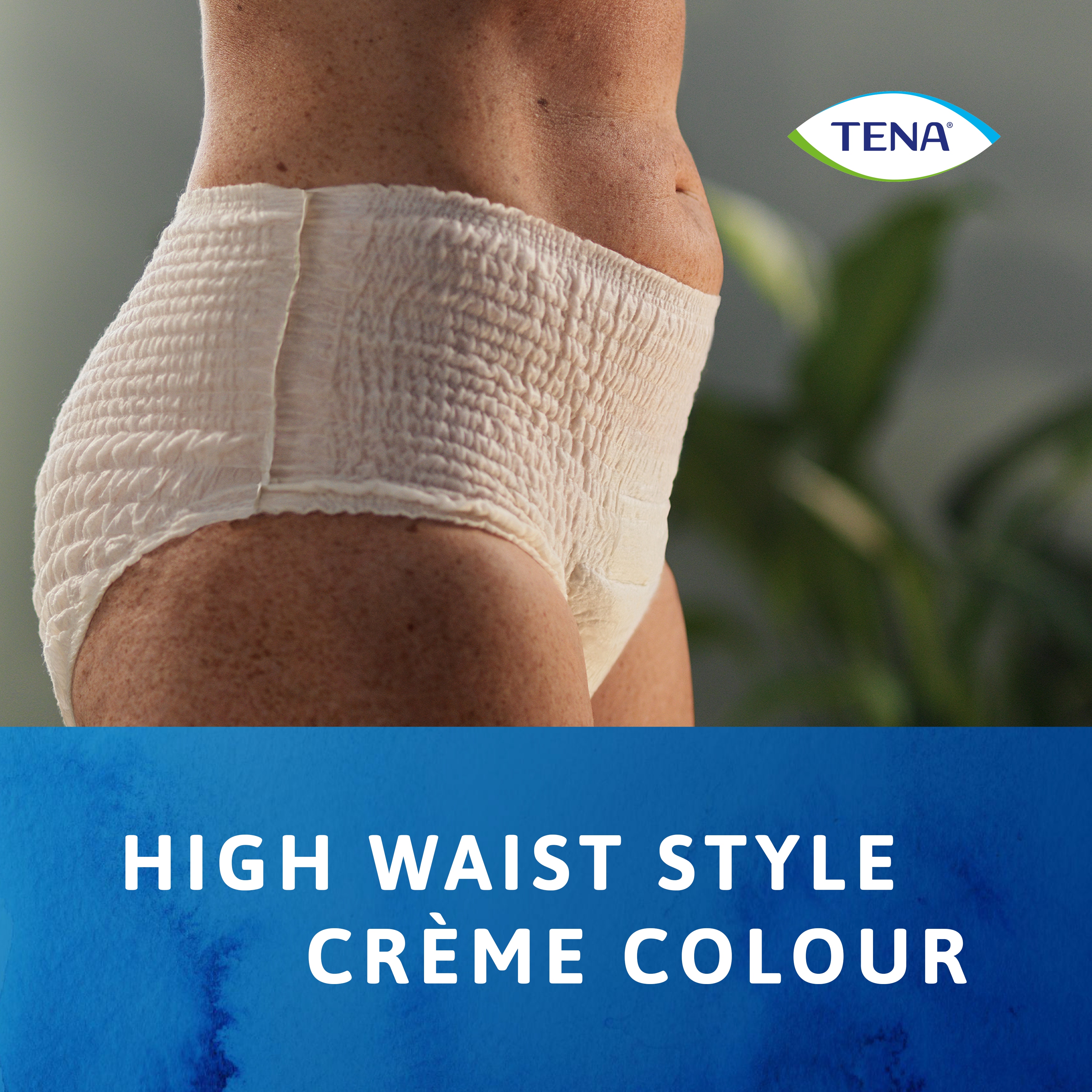 TENA Silhouette underwear on person, demonstrating the high waist style and the cream colour.