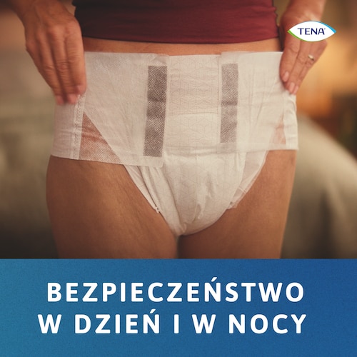 Kobieta ubrana w TENA Stretch - produkt zapewniający bezpieczeństwo w dzień i w nocy