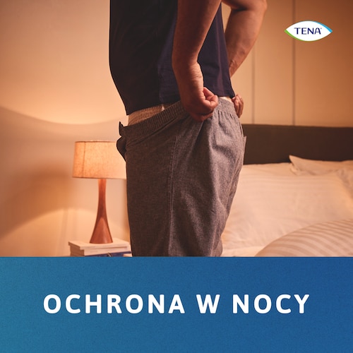 Mężczyzna ubrany w TENA Stretch Night  - produkt zapewniający ochronę w nocy