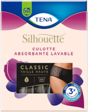 TENA Silhouette Culotte absorbante lavable séchant sur un fil à linge à côté d’une chemise et d’un soutien-gorge à motifs. TENA Silhouette Culotte absorbante lavable séchant sur un fil à linge à côté d’une chemise et d’un soutien-gorge à motifs.