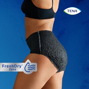 Side profile of a body demonstrating how the black colored TENA pants looks on a person