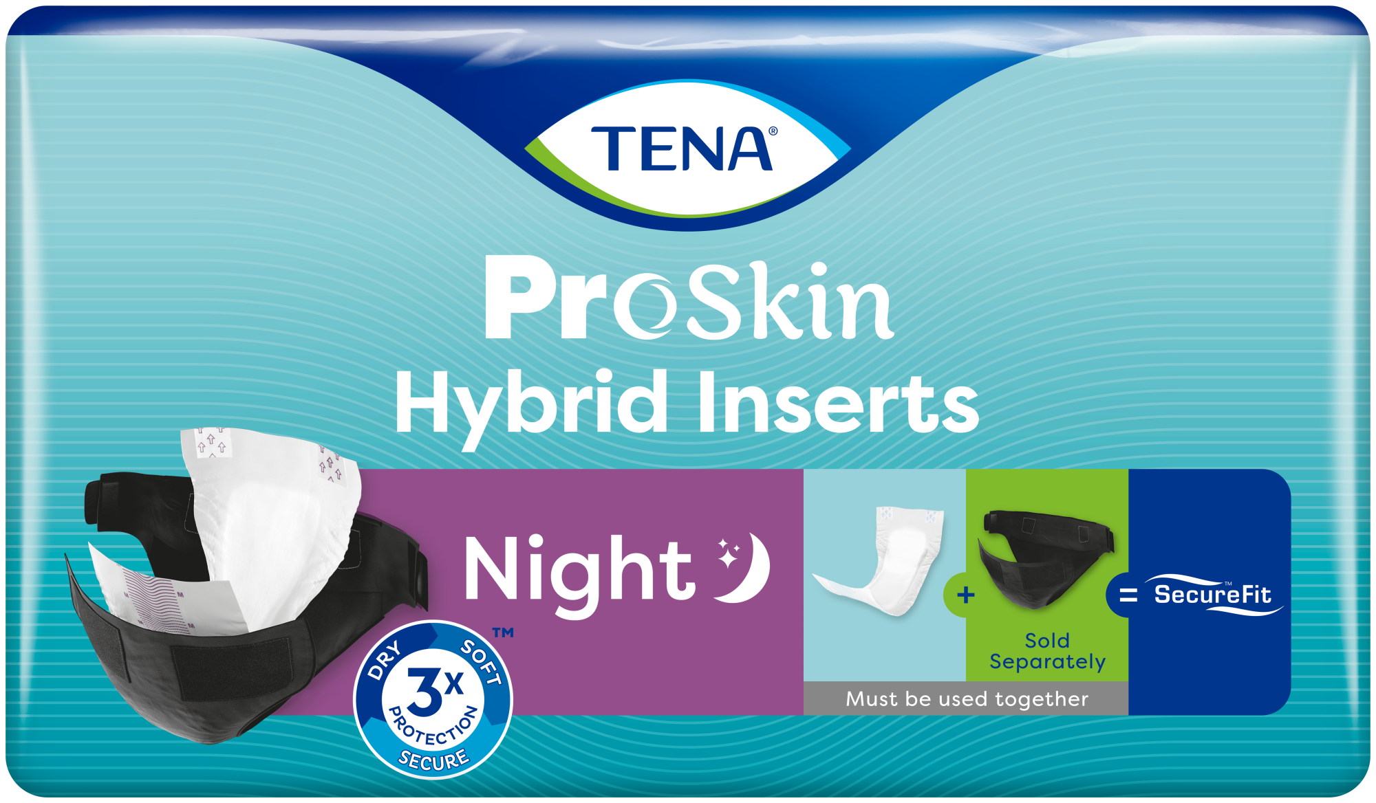 Pack shot of TENA ProSkin Hybrid Insert Pads Night. With illustrations and text showing that TENA ProSkin Hybrid Inserts and TENA ProSkin Hybrid Underwear must be used together and are sold separately.