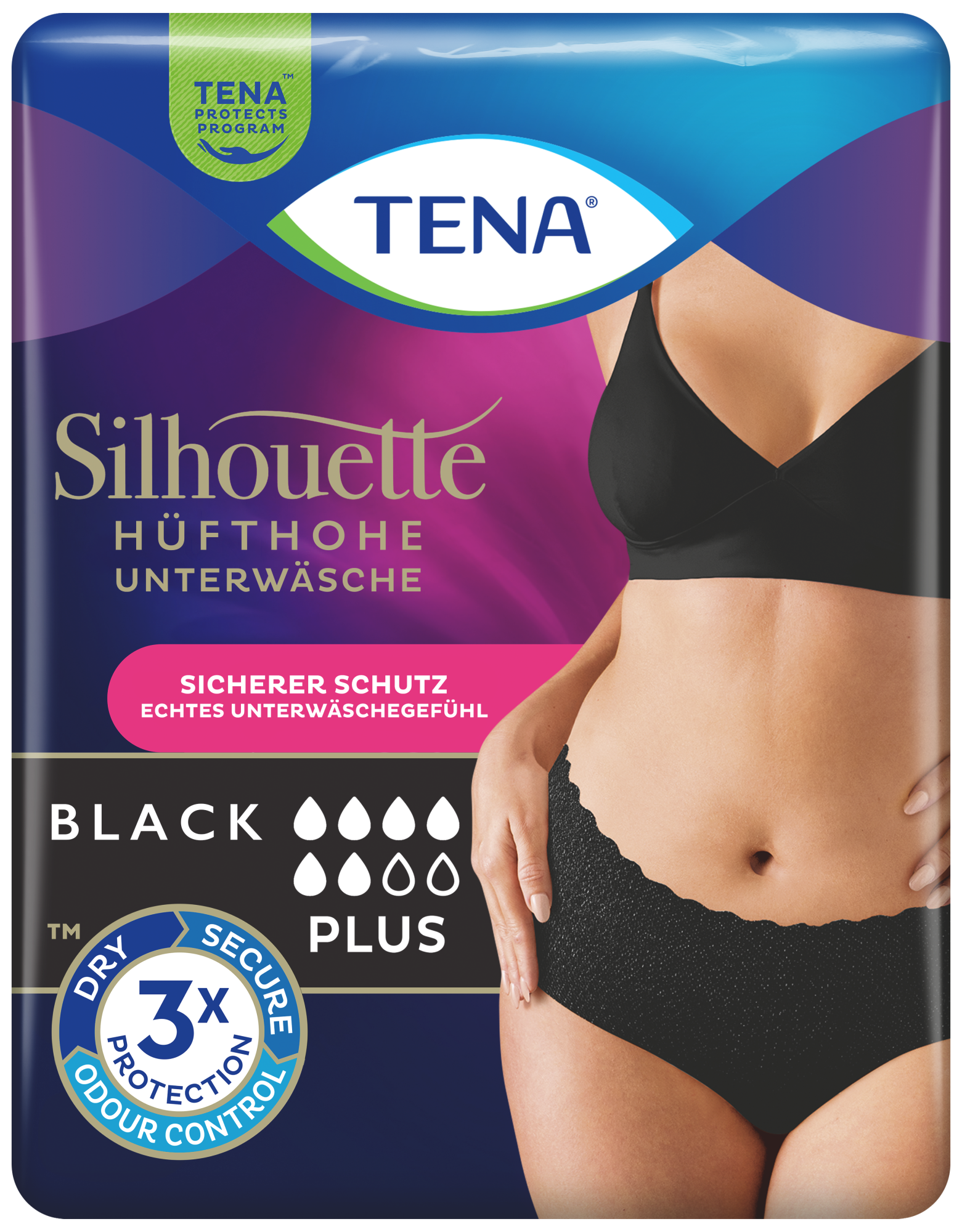 TENA Silhouette Plus Schwarz | Hüfthohe Unterwäsche zum Schutz bei Blasenschwäche
