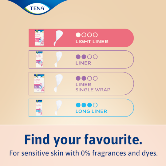 Hitta din favorit bland sortimentet av TENA lights-inkontinensskydd för känslig hy
