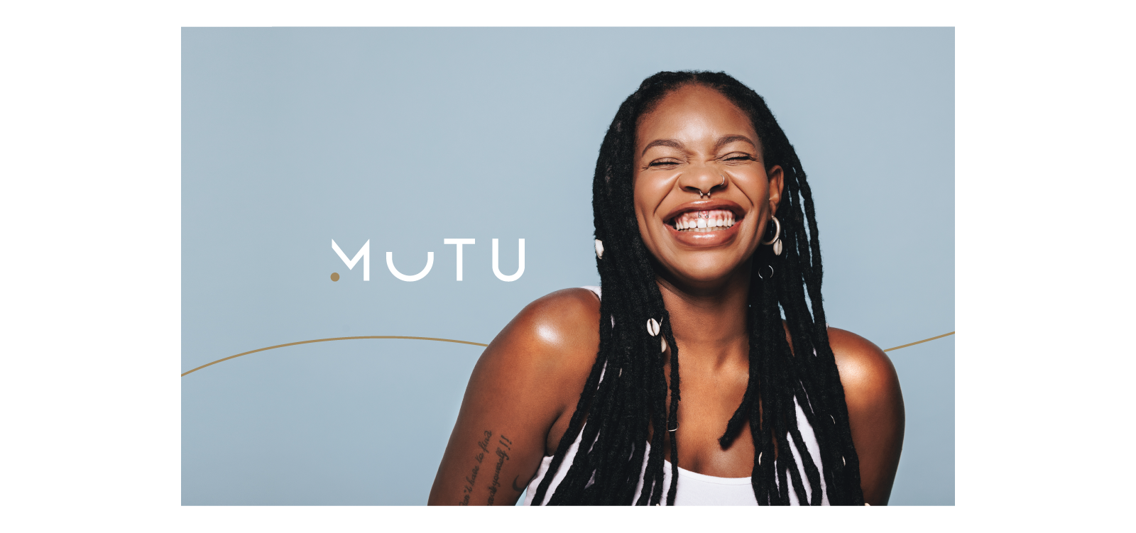Smiling Woman with MUTU logo.