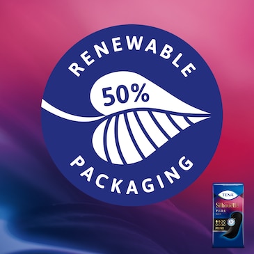 Die TENA Silhouette Plastikverpackung für Einlagen besteht zu 50 % aus erneuerbaren Materialien.