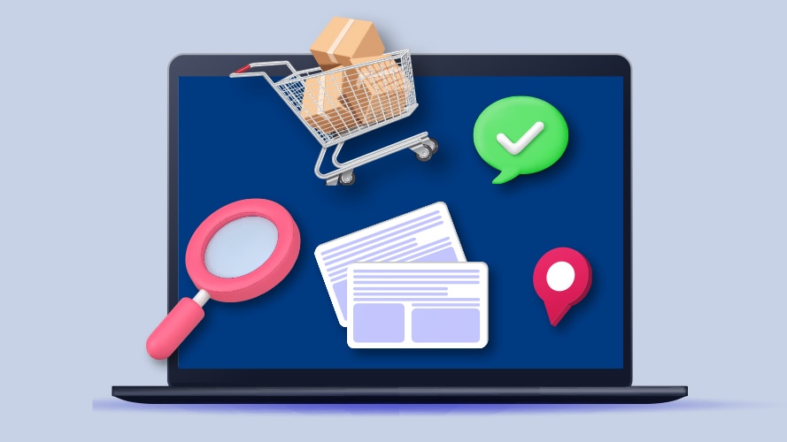 Illustrazione 3D di un laptop che mostra elementi di e-commerce tra cui un carrello della spesa con pacchi, una lente d'ingrandimento, schede documento, una bolla con segno di spunta verde e un pin di posizione su sfondo blu.