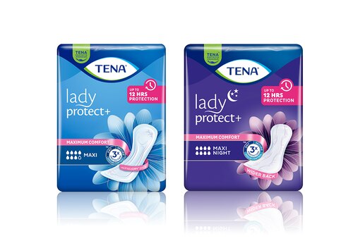 Dve balenia inkontinenčných vložiek na modrom pozadí: TENA Lady Maxi a TENA Lady Maxi Night