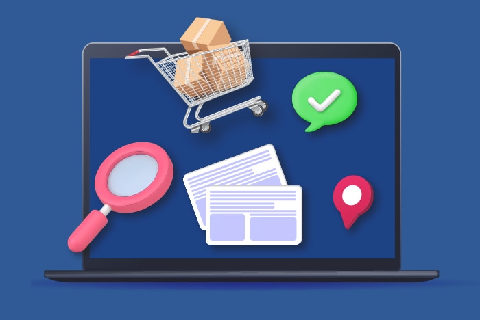 Portátil 3D com ícones de e-commerce: carrinho de compras, lupa, documentos, marca de verificação verde e pin de localização em fundo azul.