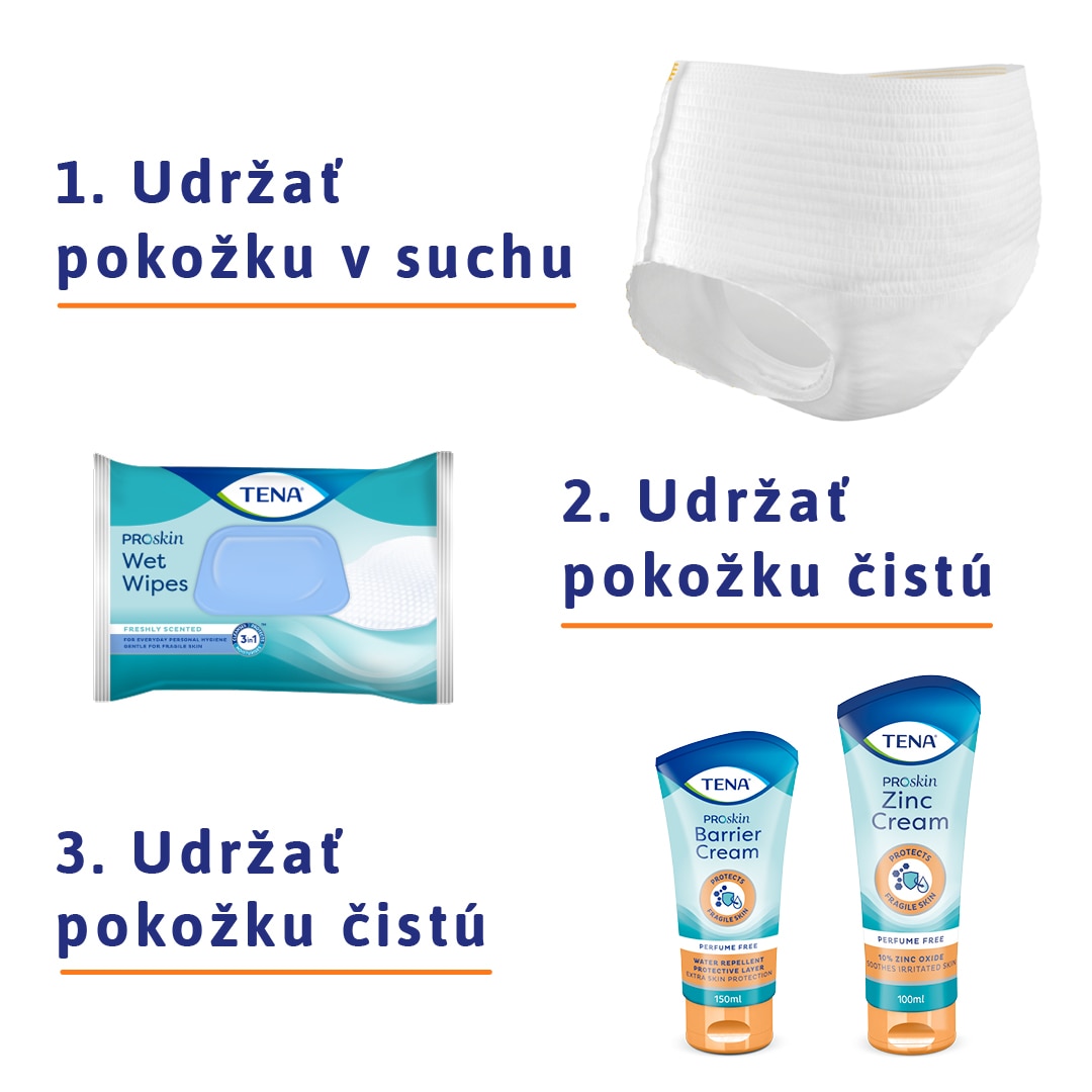 Trojkrokové riešenie pre zdravú pokožku TENA ProSkin zahŕňa absorpčné pomôcky TENA ProSkin, čistiace vlhčené utierky TENA a ochranný krém so zinkom TENA Zinc Cream a ochranný krém TENA Barrier Cream.