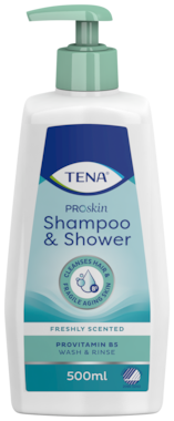 Frasco de TENA ProSkin Shampoo & Shower de 500 ml com doseador.