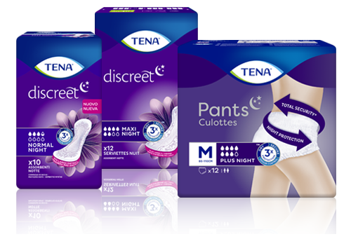 TENA Discreet Normal, TENA Discreet Maxi Night and TENA Pants Plus Night packs TENA Discreet Normal, TENA Discreet Maxi Night and TENA Pants Plus Night packs