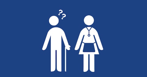 A graphic showing a caregiver and a resident with questions marks above their head. This is to encourage caregivers to pay special attention to signs a resident, e.g. with cognitive impairment needs the toilet.