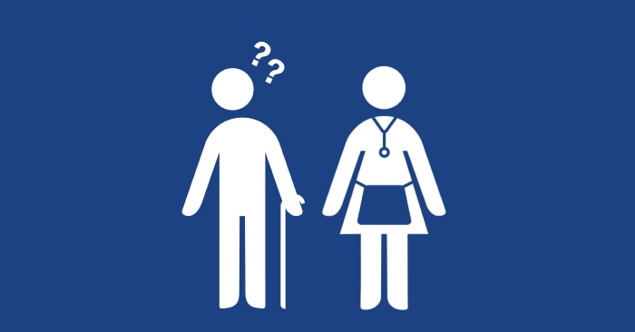 Eine Grafik, die eine Pflegekraft und einen Bewohner mit Fragezeichen über dem Kopf zeigt. Dies soll das Pflegepersonal ermutigen, besonders auf Anzeichen zu achten, wenn ein Bewohner, z. B. mit kognitiven Einschränkungen, die Toilette aufsucht.