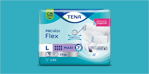 Et billede, der viser den forbedrede TENA ProSkin Flex-emballage