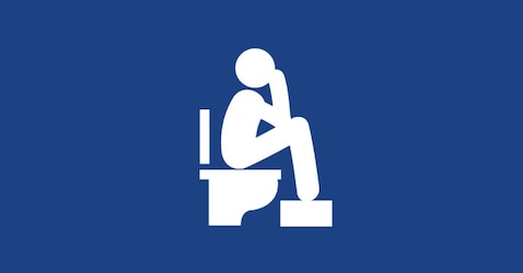 A graphic of a person sitting on the toilet to remind professional caregivers that incontinence products should never replace toilet visits.