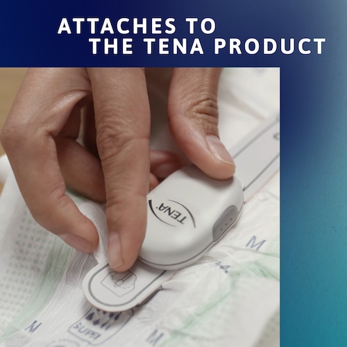 The sensor strip with transmitter are attached to the TENA incontinence product