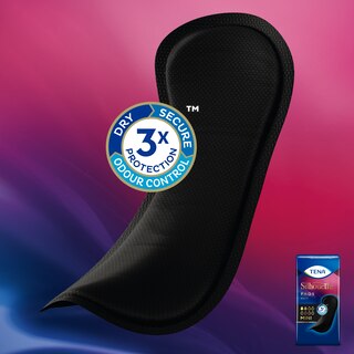 TENA Silhouette Noir Pad with icon for triple protection and product package