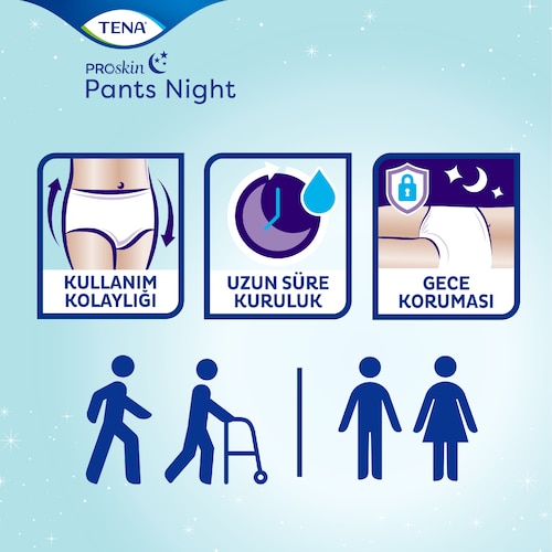 Unisex ve kullanımı kolay TENA ProSkin Pants Night emici külot, daha uzun süre kuru kalmanızı sağlayarak sizi tüm gece korur.