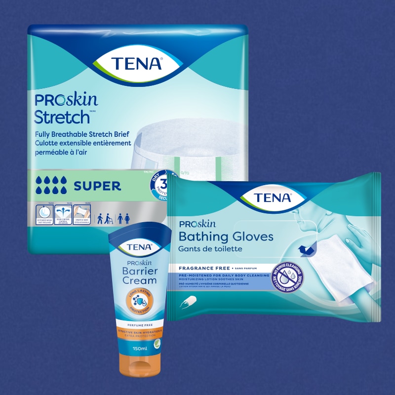 TENA Professional Care Proskin Stretch, Proskin Bathing Gloves, and Proskin Barrier Cream.