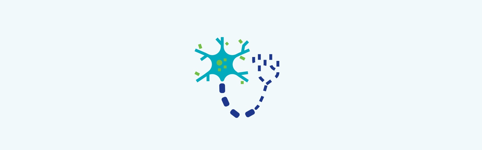 An abstract illustration of a neuron, featuring a blue cell body with green squares and circles inside, branching dendrites, and a dashed blue axon extending outward, symbolizing neural connectivity.