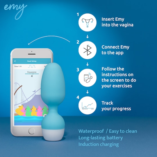 Insert Emy by TENA Kegel trainer, connect with the Emy app, train and track your Kegel exersices