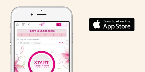 Smartfon pokazuje aplikaciju sa vežbama za dno karlice kao i to da je dostupna u App store-u.