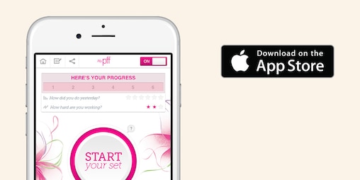 Smartfon pokazuje aplikaciju sa vežbama za dno karlice kao i to da je dostupna u App store-u.