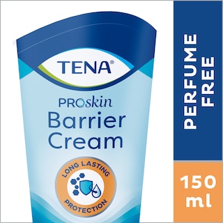 Half pack of the TENA ProSkin Barrier Cream and a vertical text that says "perfume free"