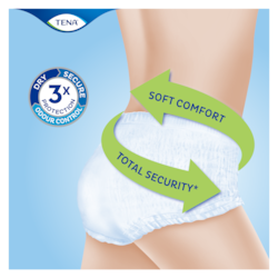 TENA Pants es un protector para la incontinencia suave y cómodo con una excelente absorción y protección ante las fugas que garantiza una seguridad total