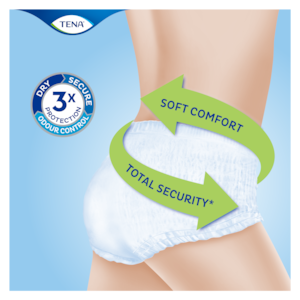 TENA Pants Plus sono morbide e confortevoli mutandine per incontinenza con un’ottima assorbenza per offrire una protezione totale contro le perdite urinarie